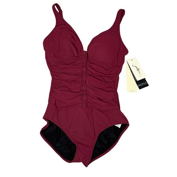 Profile by Gottex Moto Merlot D-Cup Lace Up Plunged One Piece Swimsuit Sz 14D - Picture 2 of 7